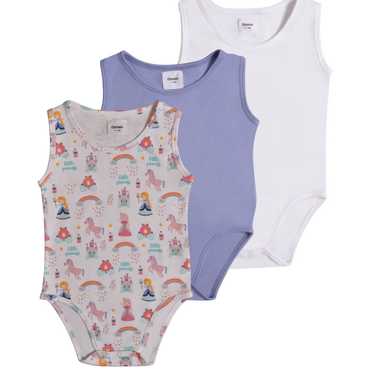 3-Pack Sleeveless Organic Bodysuits - Little Princess , Sweet Lavender Purple and White