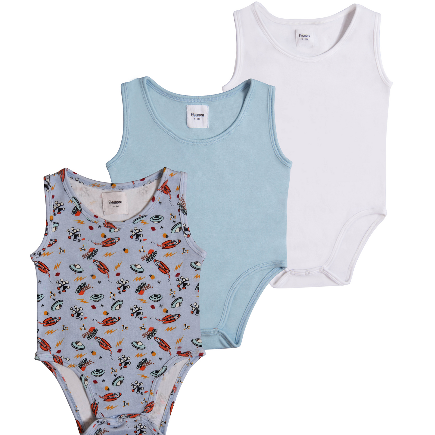 3-Pack Sleeveless Organic Bodysuits - Space Explorer , Clear Sky Blue and White