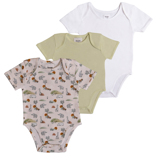 3-Pack Short Sleeve Organic Bodysuits - Safari Dreams, Meadow Mist Green and White