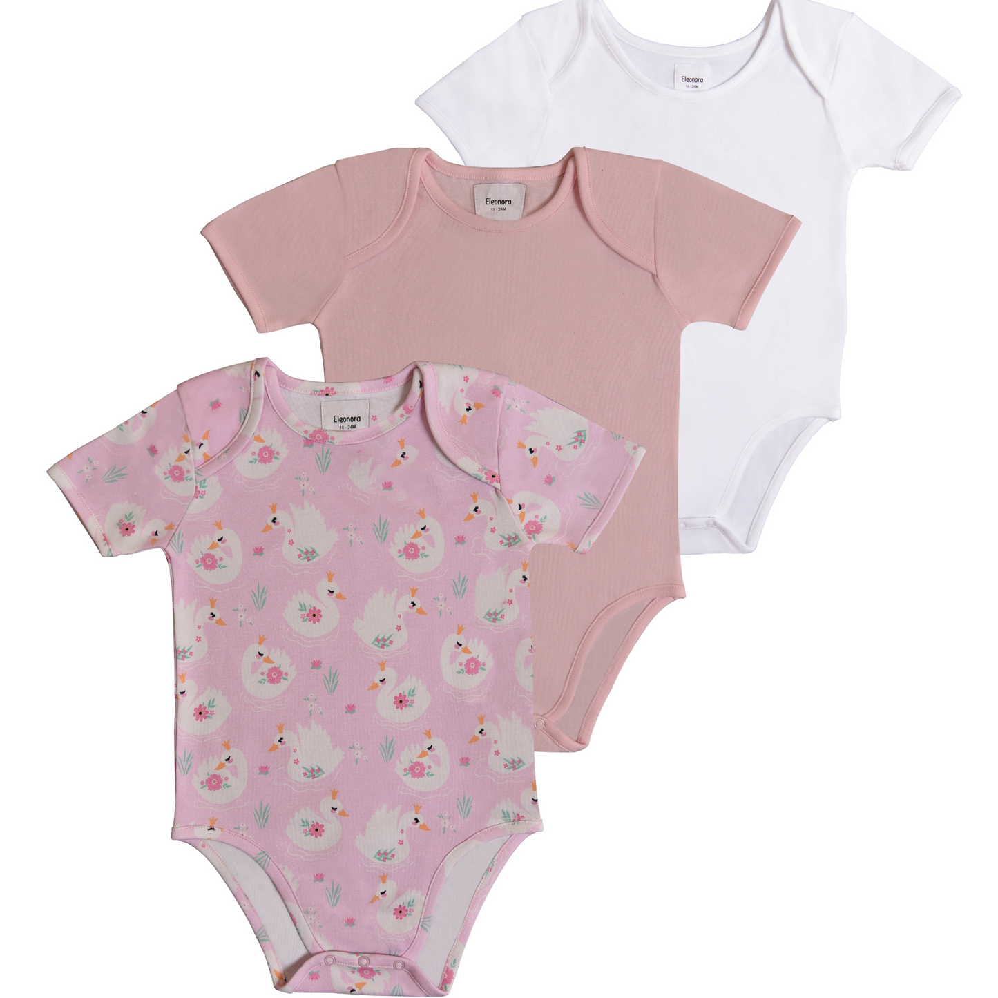 3-Pack Short Sleeve Organic Bodysuits - Swan, Cherry Blossom Pink and White